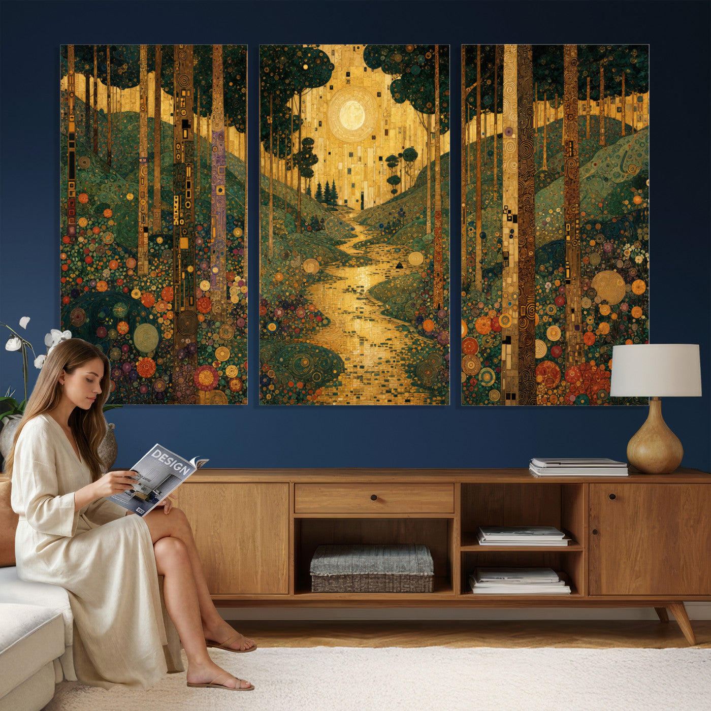 79483321GS-MGV-CV-48X32-3P - Gustav Klimt Style Forest Canvas Wall Art, Golden Forest Path Floral Art Nouveau Print, Enchanted Woodland Decor