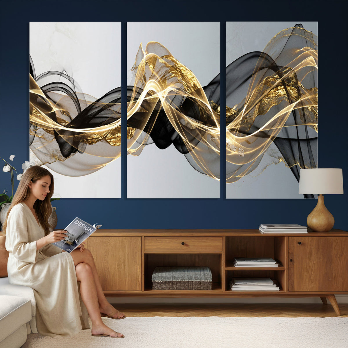 79483321DL-MGV-CV-36X24 - Black and Gold Abstract Wall Art, Modern Wave Canvas Print, Elegant Flowing Smoke Art, Luxury Living Room Decor