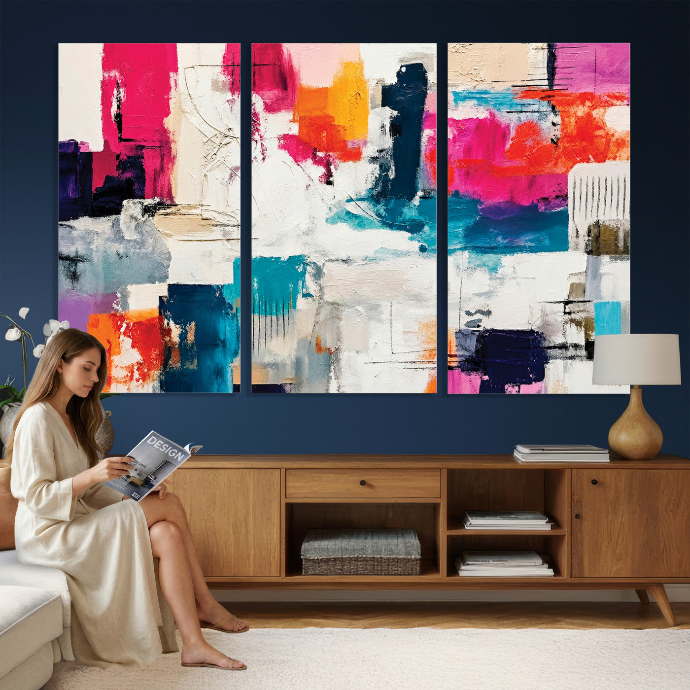 57864023-MGV-CV-36X24 - Blue Teal Abstract Canvas Wall Art | Modern Textured Painting Print, Navy Orange White Contemporary Art, Neutral Living Room Decor, Office Art
