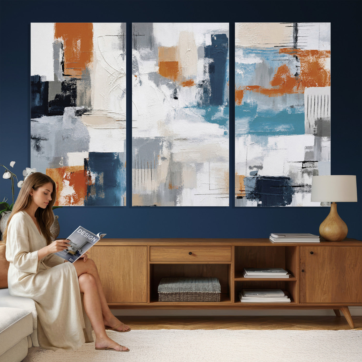 44950303-MGV-CV-36X24 - Blue Teal Abstract Canvas Wall Art, Modern Textured Painting Print, Navy Orange White Contemporary Art, Neutral Living Room Decor, Office Art
