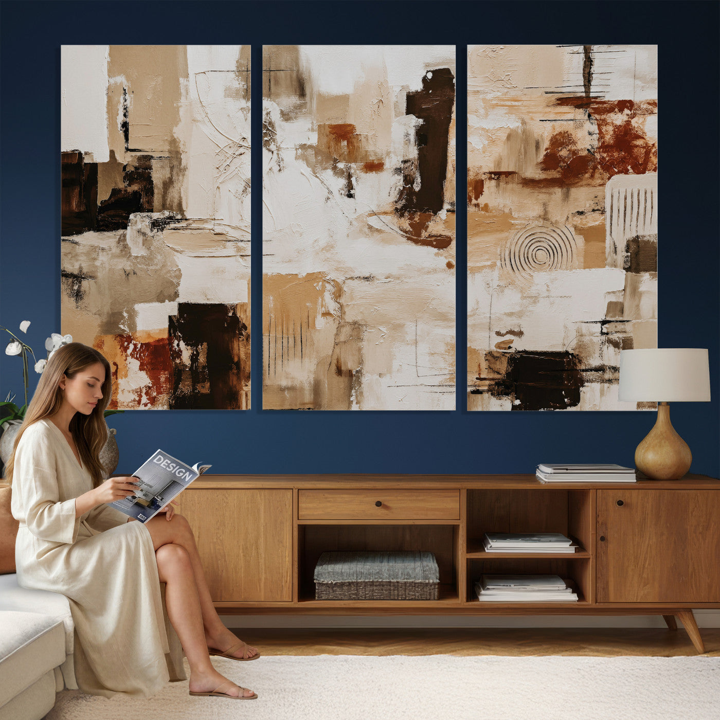 26560159-MGV-CV-36X24 - Blue Teal Abstract Canvas Wall Art, Modern Textured Painting Print, Navy Orange White Contemporary Art, Neutral Living Room Decor, Office Art