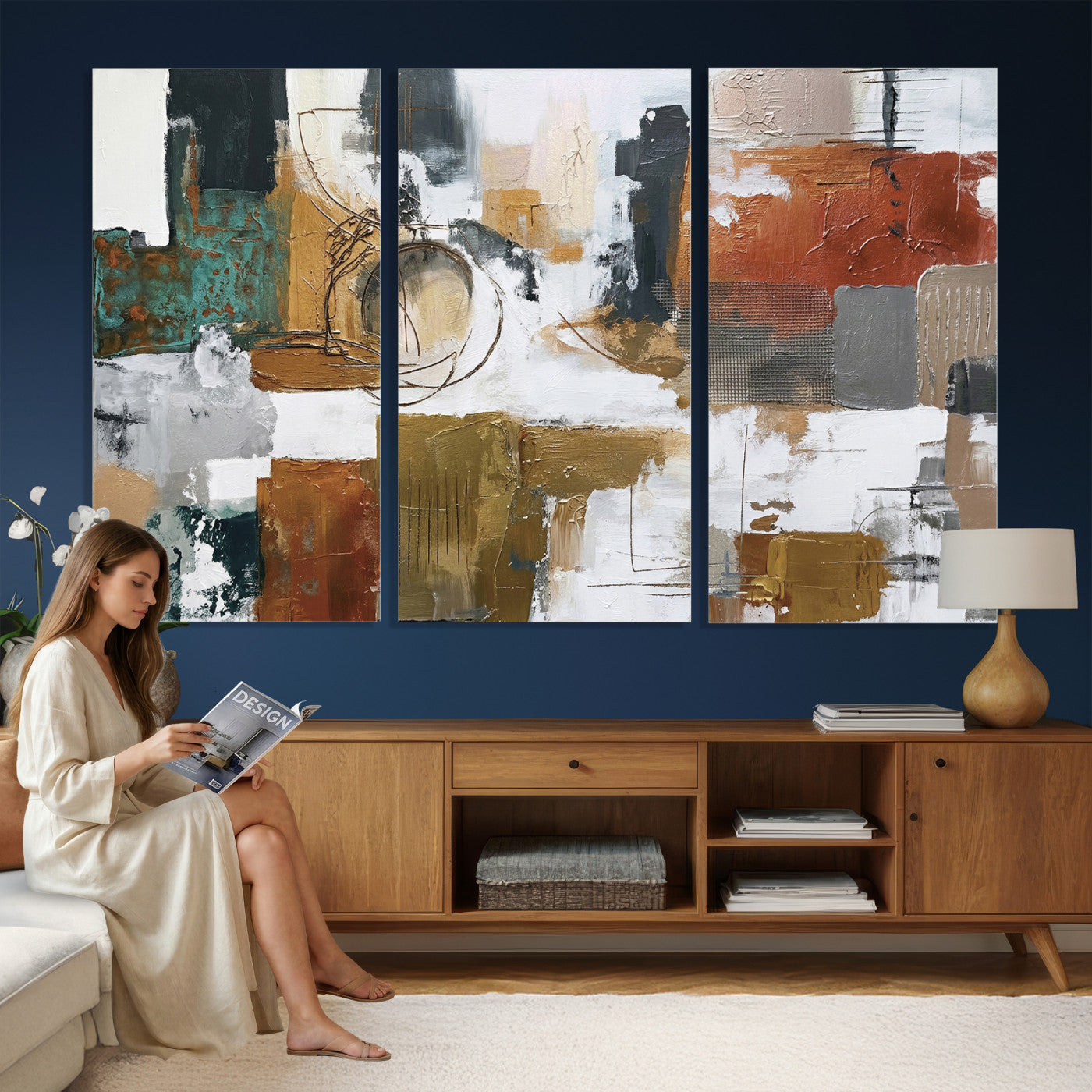 50720312-MGV-CV-36X24 - Blue Teal Abstract Canvas Wall Art, Modern Textured Painting Print, Navy Orange White Contemporary Art, Neutral Living Room Decor, Office Art