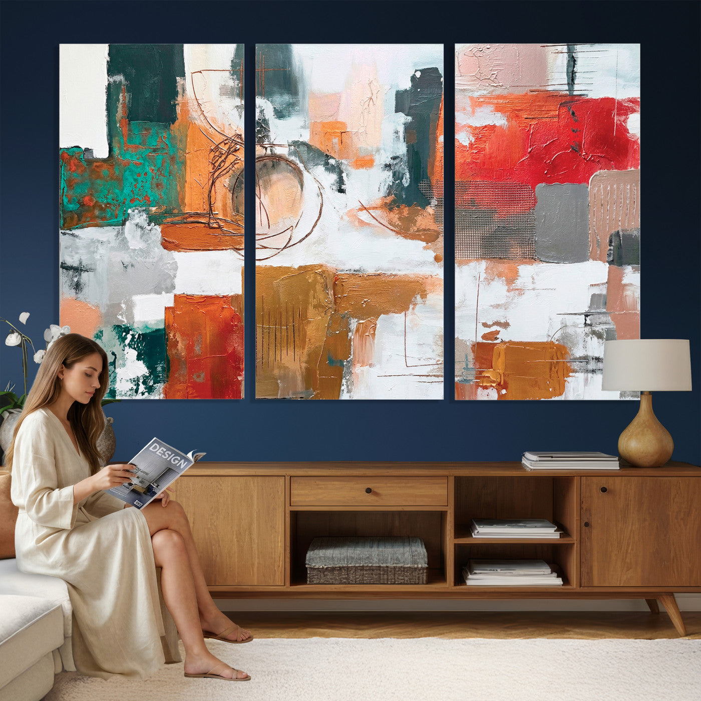 50720312-MGV-CV-36X24 - Blue Teal Abstract Canvas Wall Art | Modern Textured Painting Print, Navy Orange White Contemporary Art, Neutral Living Room Decor, Office Art.