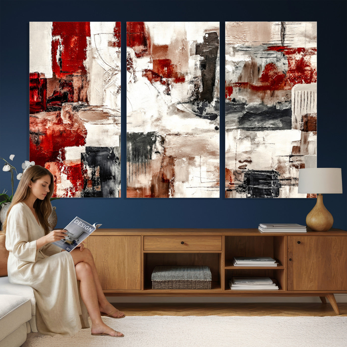 53022468-MGV-CV-36X24 - Blue Teal Abstract Canvas Wall Art, Modern Textured Painting Print, Navy Orange White Contemporary Art, Neutral Living Room Decor, Office Art