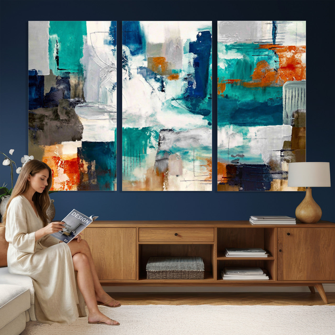 44038089-MGV-CV-36X24 - Blue Teal Abstract Canvas Wall Art, Modern Textured Painting Print, Navy Orange White Contemporary Art, Neutral Living Room Decor, Office Art