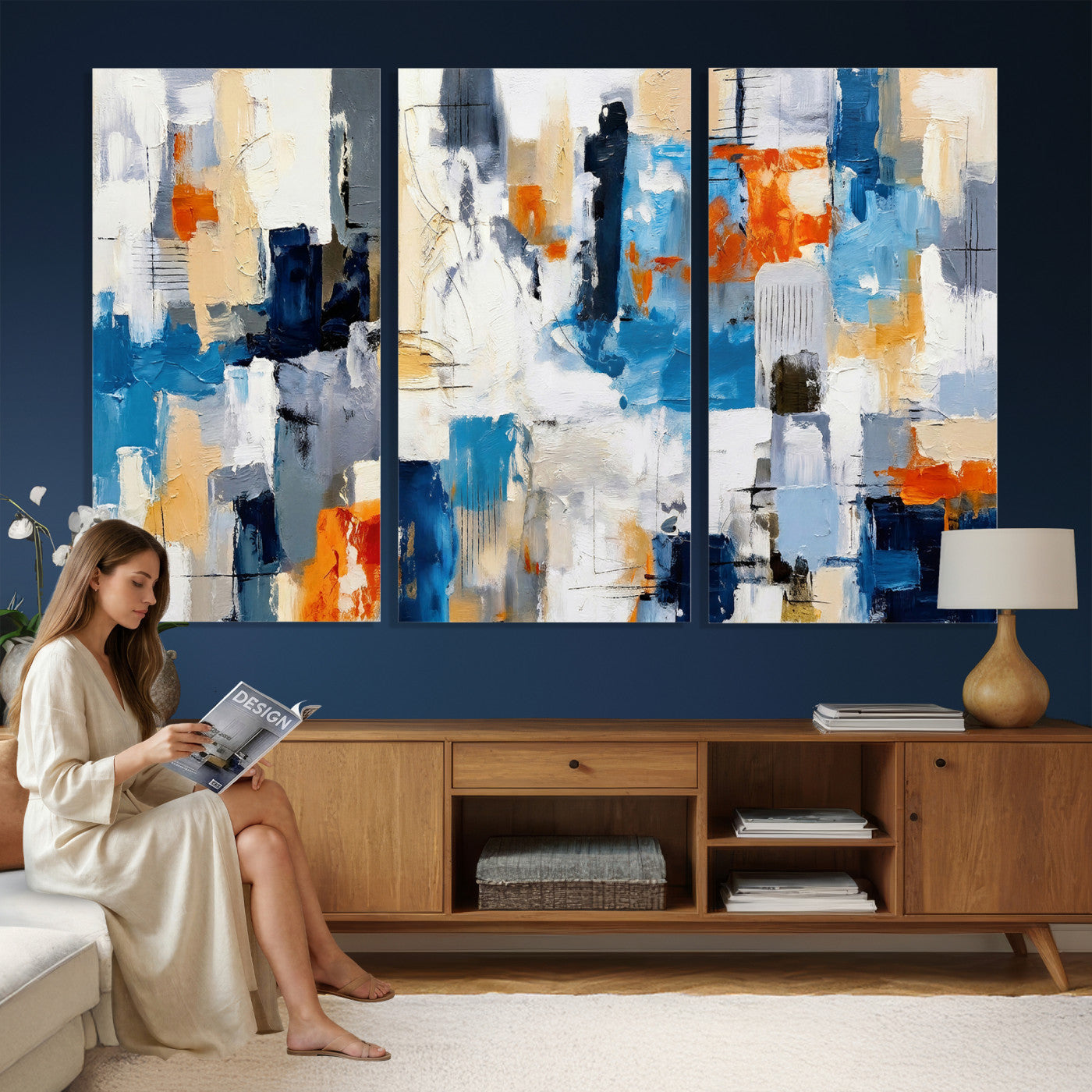 83915061-MGV-CV-36X24 - Blue Teal Abstract Canvas Wall Art, Modern Textured Painting Print, Navy Orange White Contemporary Art, Neutral Living Room Decor, Office Art