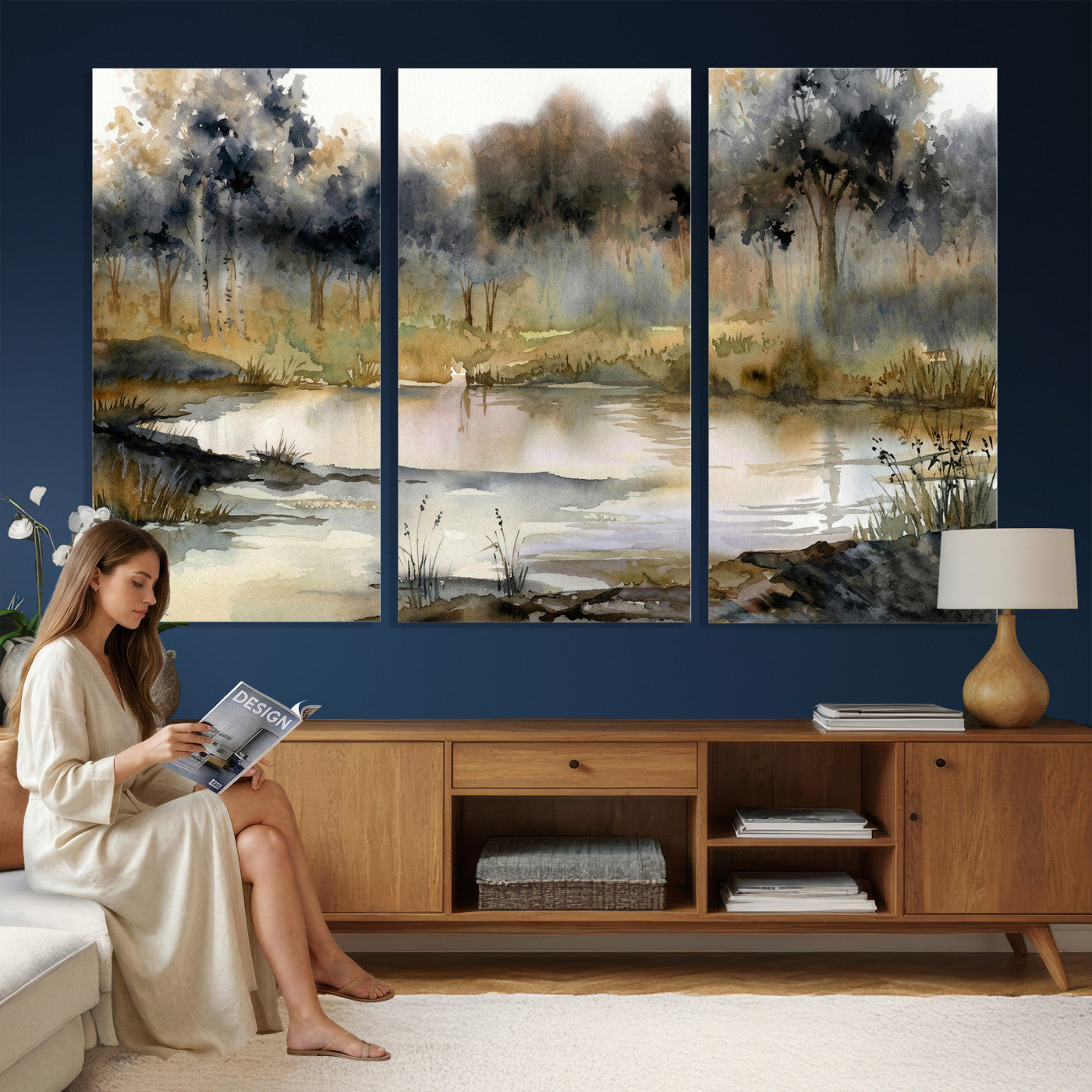 27383609-MGV-CV-36X24 - Abstract WatercolorAutumn Lake Canvas Wall Art Print, Misty Forest Landscape, Rustic Nature Painting, Cabin Wall Decor, Ready to Hang
