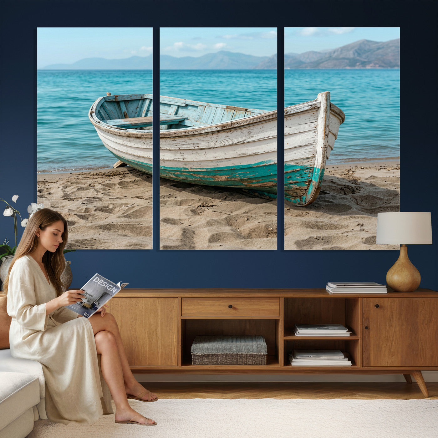 49963709-MGV-CV-36X24 - Coastal Boat Canvas Wall Art Print, Beach Boat Painting, Nautical Ocean Decor, Seascape Wall Art, Ready to Hang