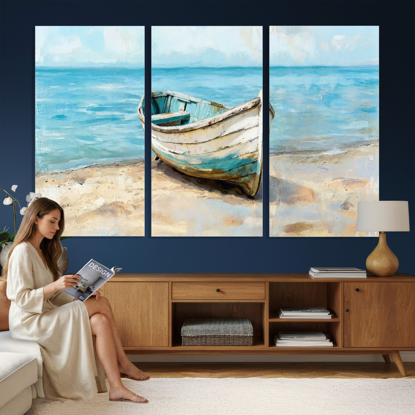 14780565-MGV-CV-36X24 - Coastal Boat Canvas Wall Art Print, Beach Boat Painting, Nautical Ocean Decor, Seascape Wall Art - Ready to Hang