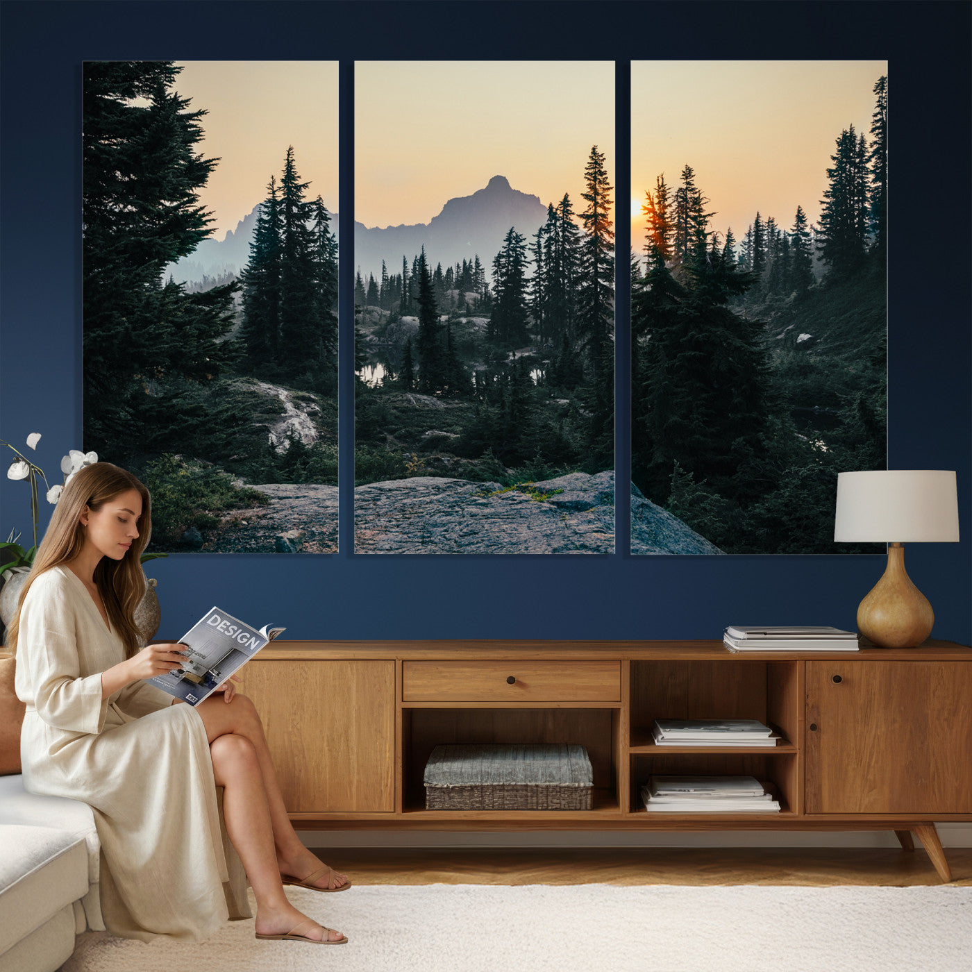 89996020-MGV-CV-36X24 - Mountain Forest Canvas Wall Art Print - Pine Tree Landscape, Sunset Nature Photography, Wilderness Wall Decor, Ready to Hang