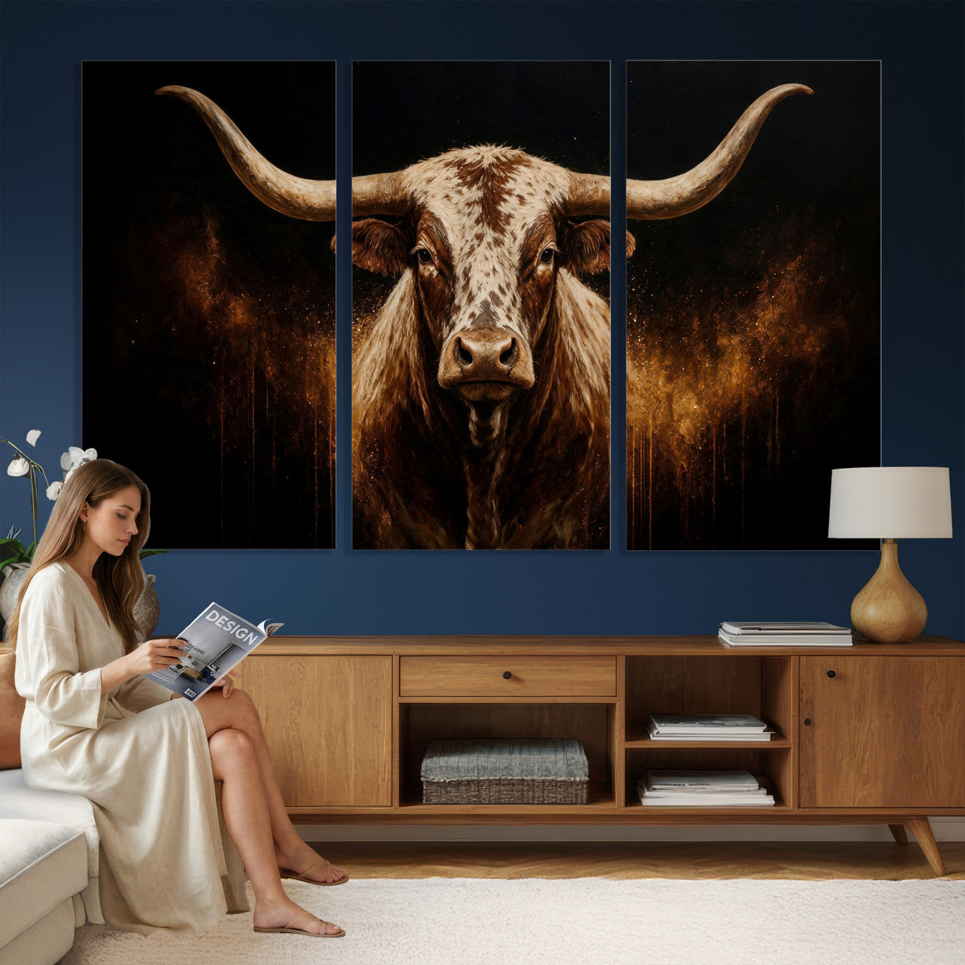 62076449-MGV-CV-48X32-3P - Texas Bull Cow Longhorn Canvas Wall Art Moody Western Bull Oil Painting Print