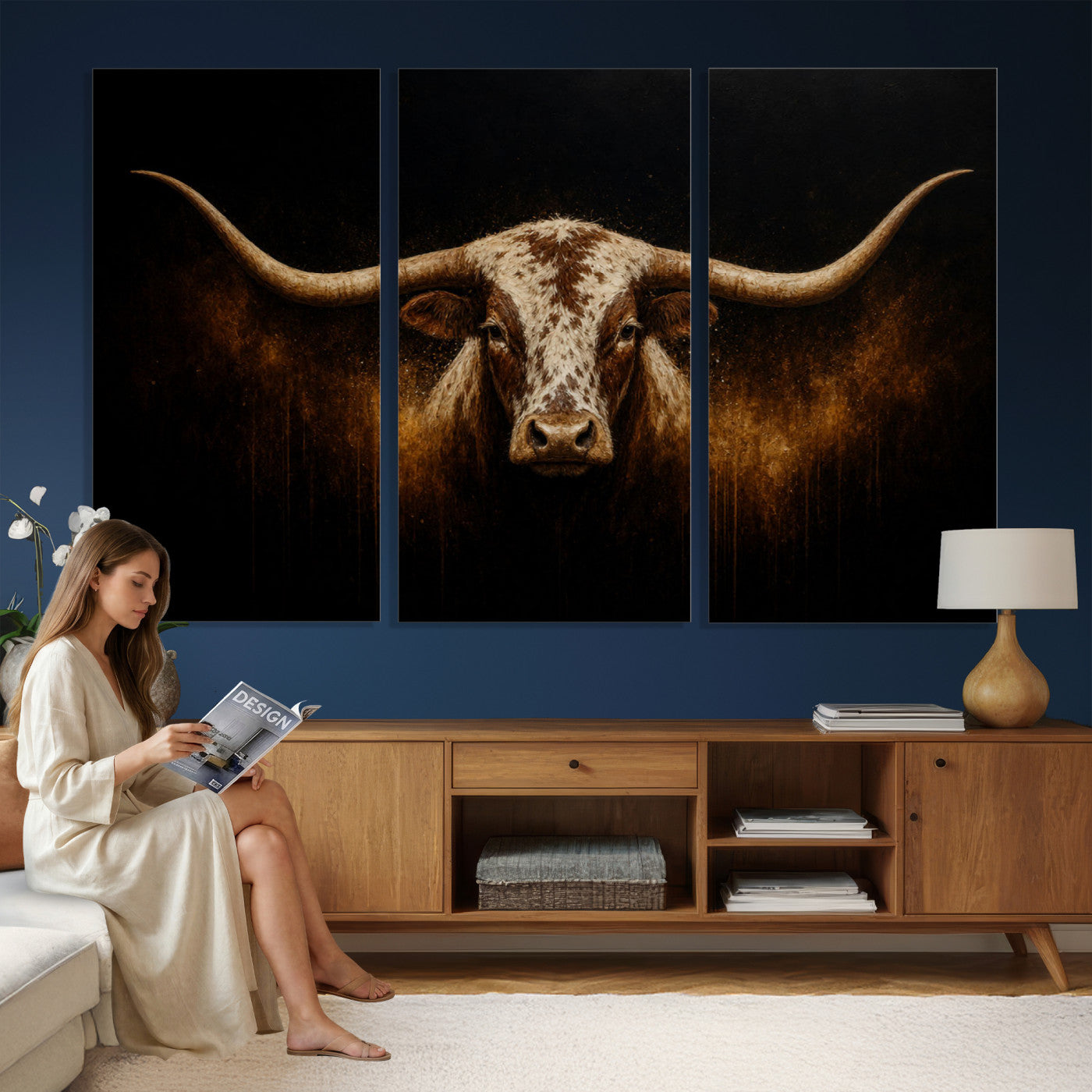 12628958-MGV-CV-36X24 - Texas Longhorn Canvas Wall Art Moody Western Bull Oil Painting Print