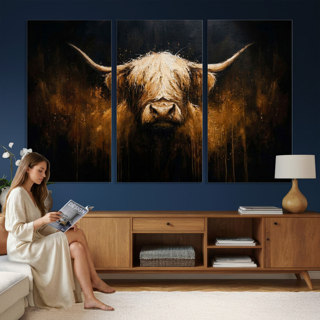 Rustic Highland Cow Canvas Print Dark Farmhouse Cattle Wall Decor