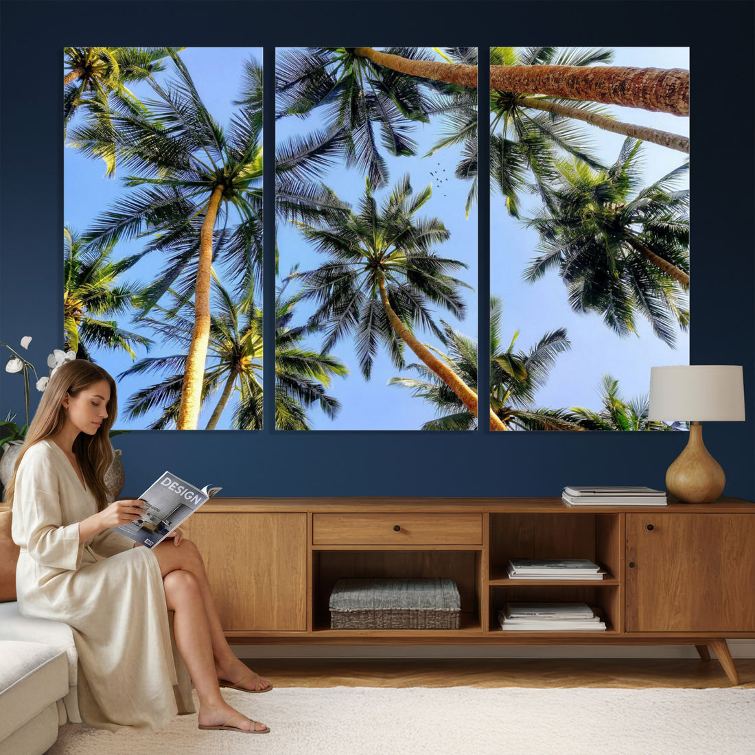 Tropical Palm Trees Looking Up into Blue Sky Wall Art Canvas Print, Coastal Decor