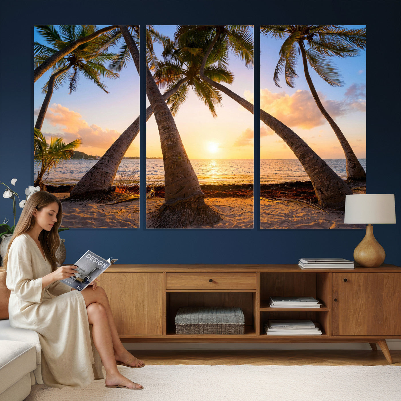 75123213-MGV-CV-36X24 - Tropical Island Coconut Palm Trees Sunset Wall Art Canvas Print - Turquoise Beach Print for Nautical Home Decor