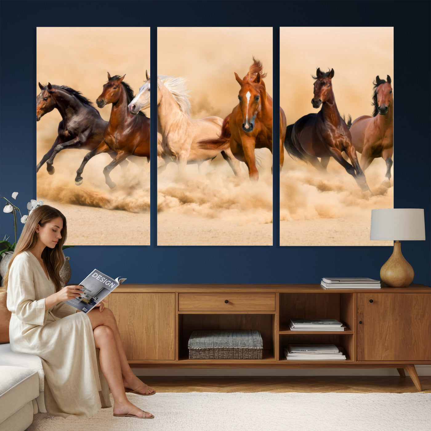 90610949-MGV-CV-36X24 - Herd of Six Wild Horses Galloping in Dust Storm Wall Art Canvas Print - Majestic Wildlife Decor