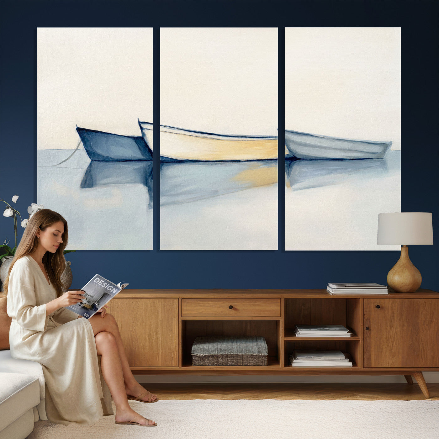 84017361-MGV-CV-36X24 - Abstract Three Boats Reflecting on Water Wall Art Canvas Print - Minimalist Coastal Seascape