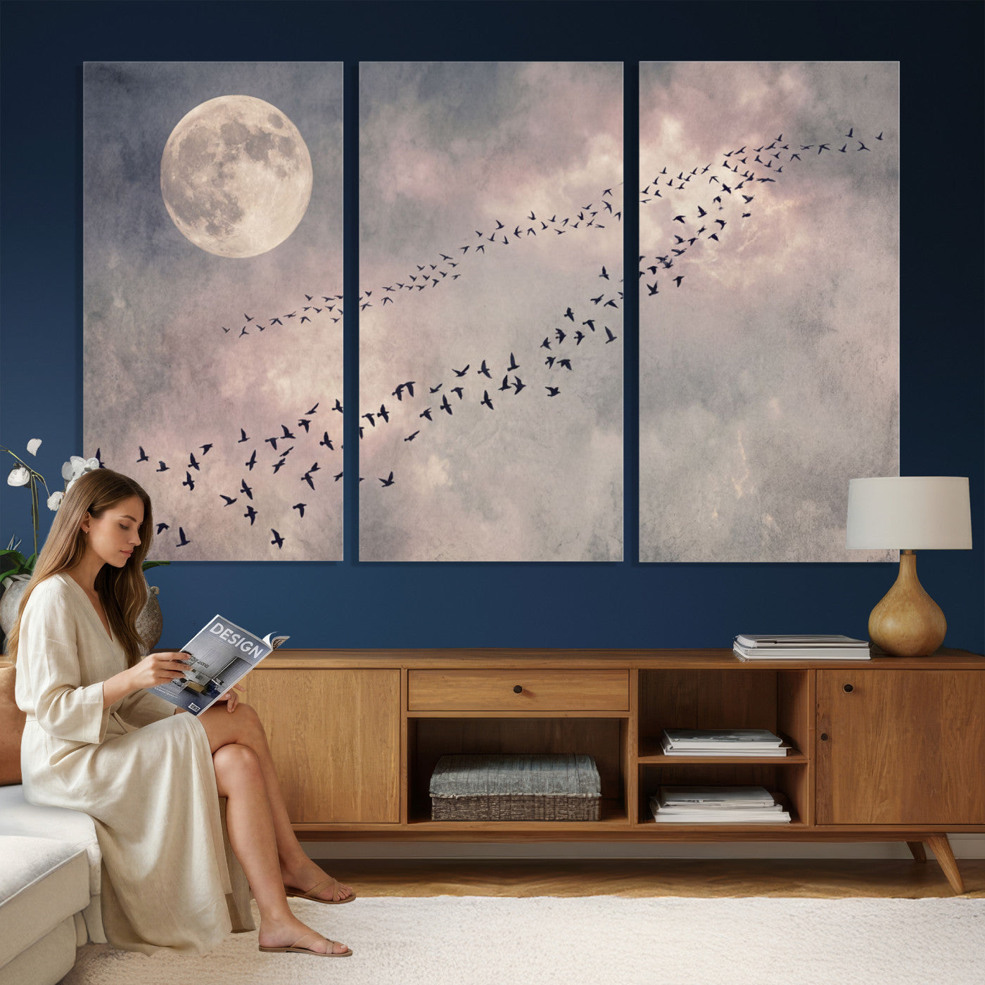 52339590-MGV-CV-36X24 - Birds Flying to Moon Wall Art Canvas Print - Vintage Surreal Night Sky Sky Print