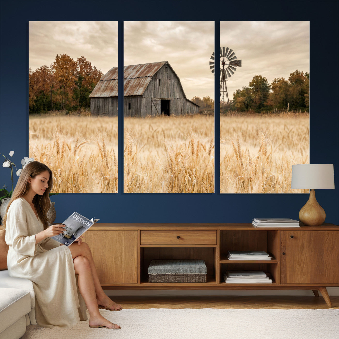 99640659-MGV-CV-36X24 - Rustic Farmhouse Barn and Windmill Wall Art Canvas Print, Country Landscape Photography Print