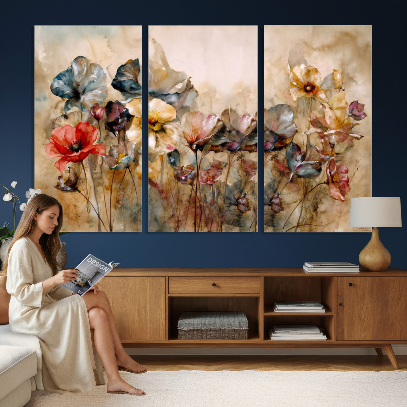 11407233-MGV-CV-36X24 - Vintage Dried Floral Meadow Wall Art Canvas Print, Translucent Watercolor Flowers Painting Print