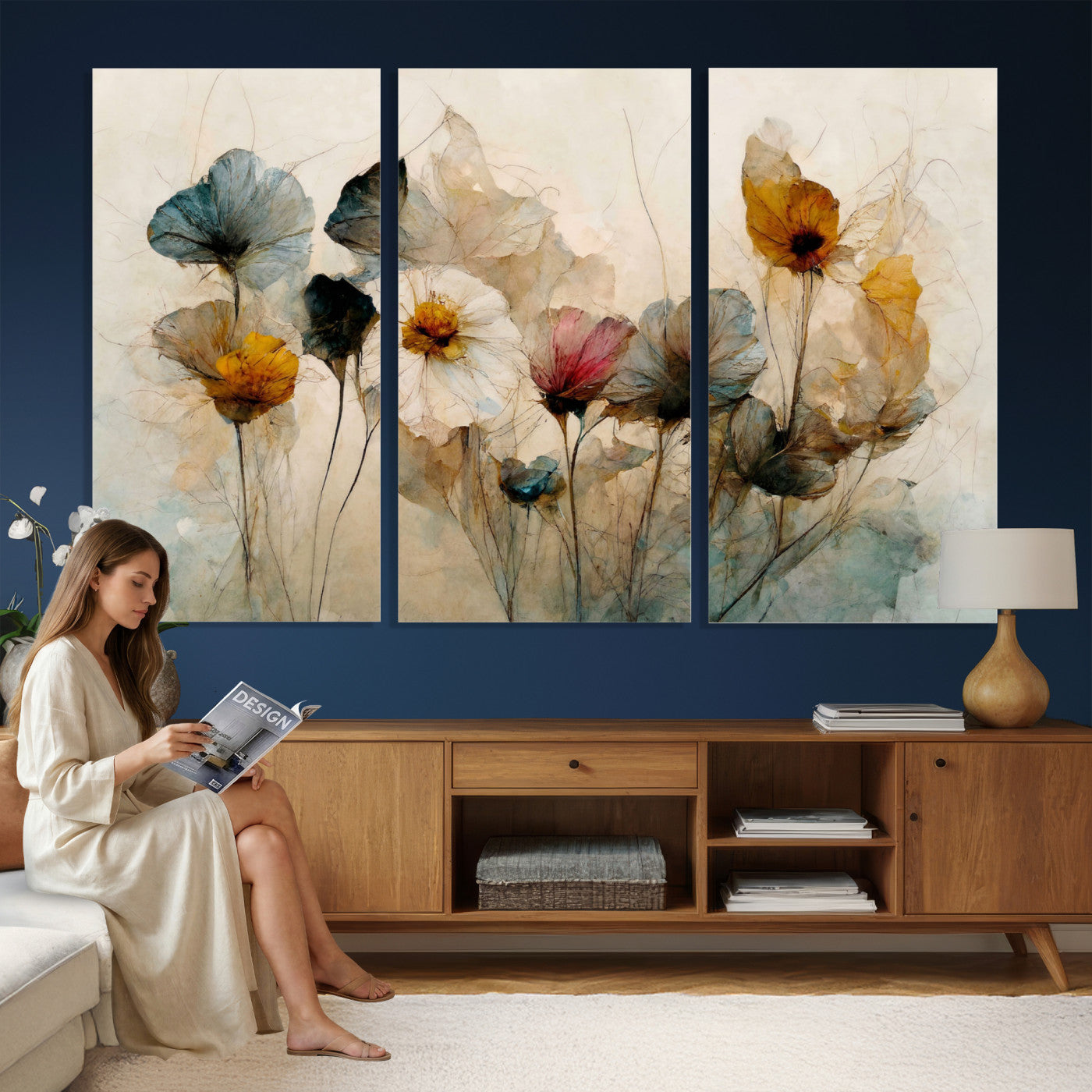 86802229-MGV-CV-36X24 - Vintage Dried Floral Meadow Wall Art Canvas Print, Translucent Watercolor Flowers Painting Print