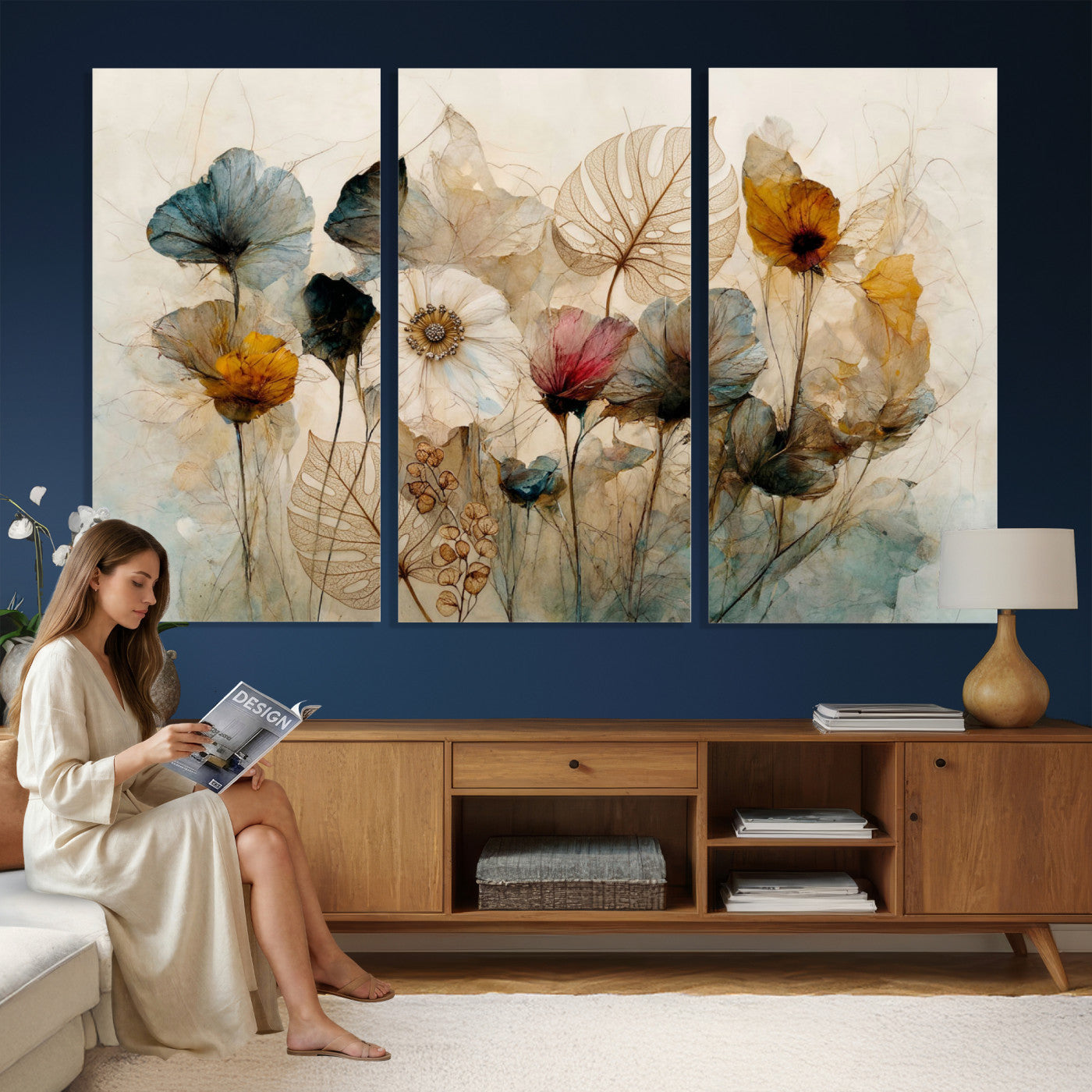 93171612-MGV-CV-36X24 - Vintage Dried Floral Meadow Wall Art Canvas Print, Translucent Watercolor Flowers Painting Print