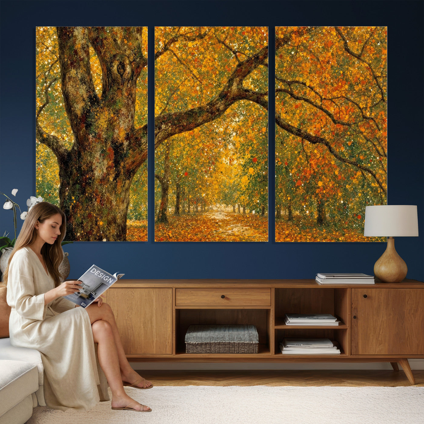 11536138-MGV-CV-36X24 - Vintage Autumn Forest Path Wall Art Canvas Print, Golden Leaves Impressionist Painting Print