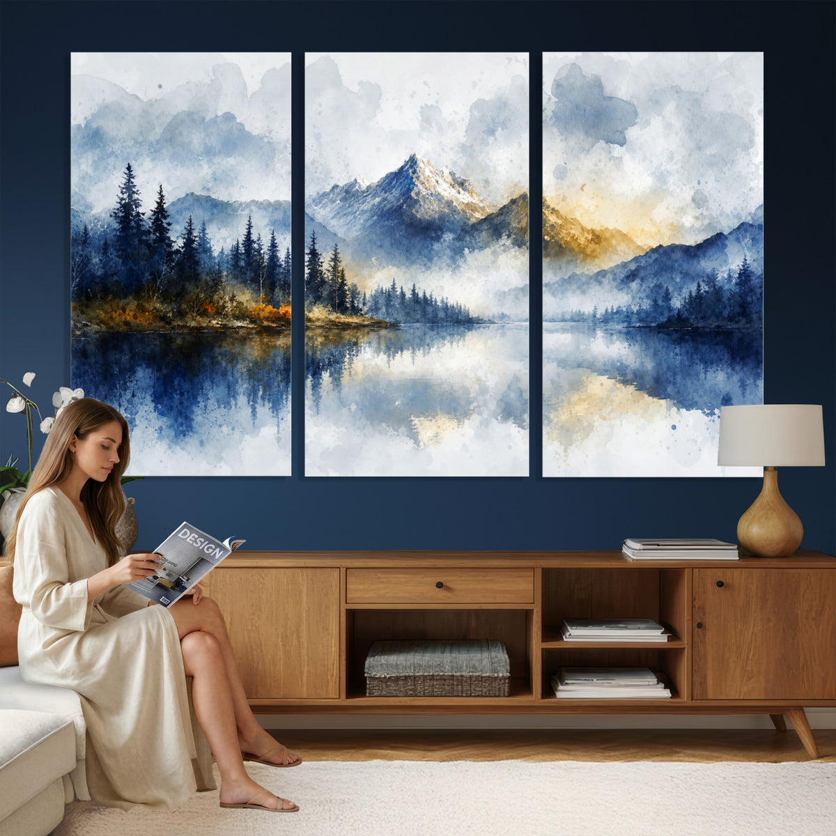 62076449DG-MGV-CV-36X24 - Abstract Watercolor Mountain Lake Wall Art Print for Living Room Decor
