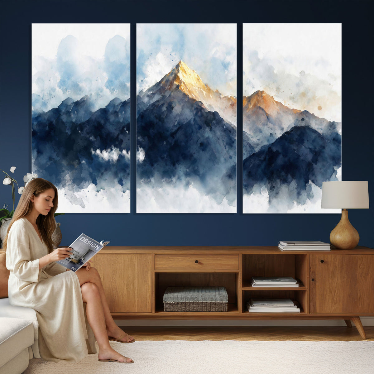 62076449DG1-MGV-CV-36X24 - Abstract Watercolor Mountain Lake Wall Art Print for Living Room Decor