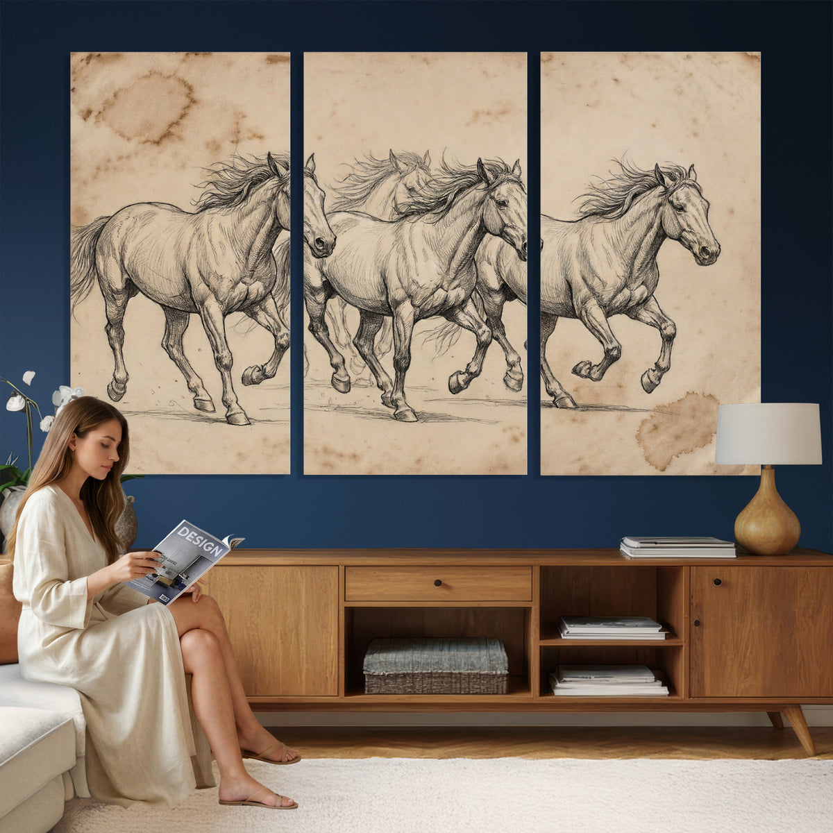 56046981-MGV-CV-36X24 - Sepia Wild Horses Canvas Art, Antique Pencil Drawing Print, Vintage Gallery Wall Decor, Rustic Equestrian Artwork, Traditional Den Gift