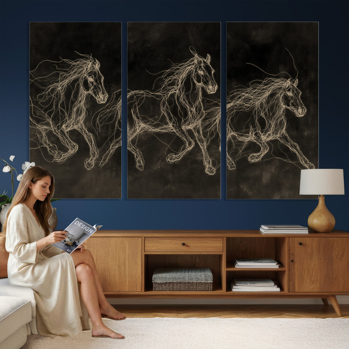 15344242-MGV-CV-36X24 - Dark Horse Line Art Canvas, Gold Scribble Wild Horses Print, Black Chalkboard Wall Art, Modern Luxury Equine Decor, Masculine Office Gift