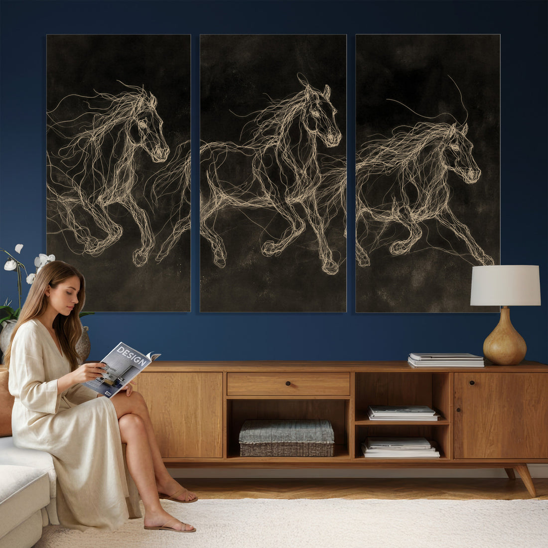 Dark Horse Line Art Canvas, Gold Scribble Wild Horses Print, Black Chalkboard Style Decor