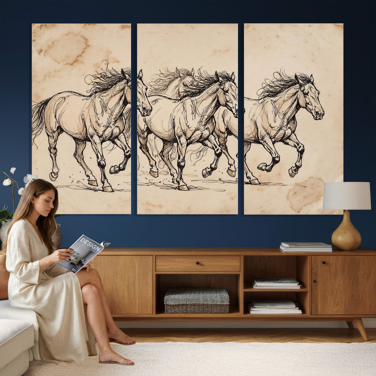18242163-MGV-CV-36X24 - Vintage Horse Sketch Canvas Wall Art, Wild Horses Pencil Drawing Print, Antique Parchment Western Decor, Equine Sketching, Country Manor Gift
