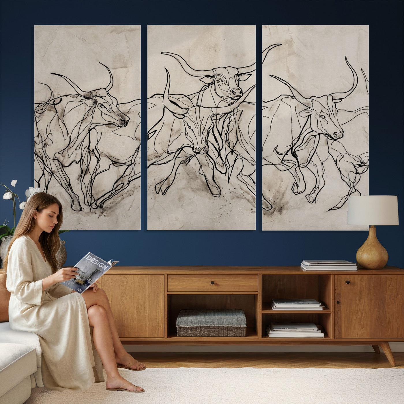 16671245-MGV-CV-36X24 - Minimalist Longhorn Line Art, Modern Texas Bull Canvas Print, Abstract Western Wall Decor, Continuous Line Artwork, Black White Ranch Gift