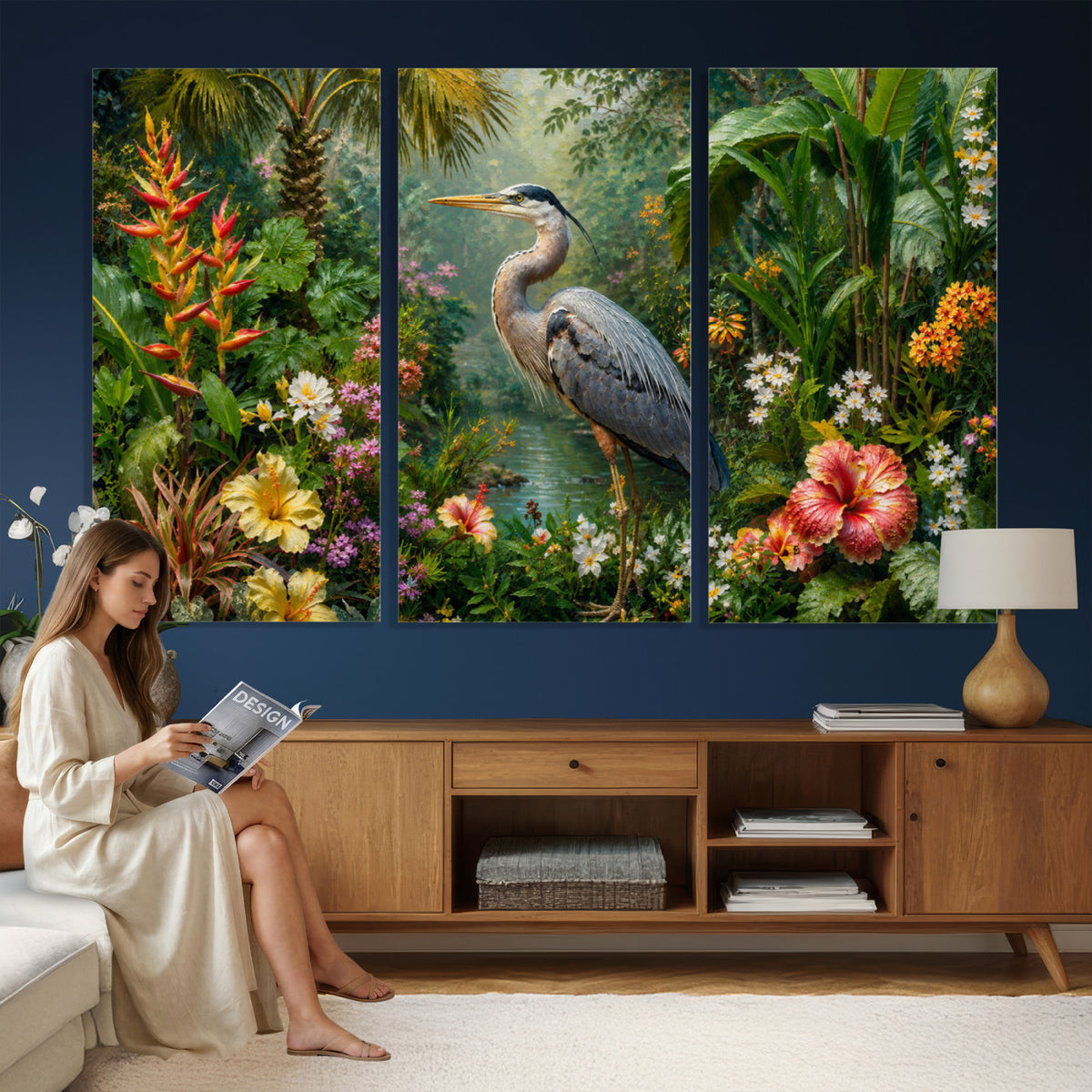 81059387-MGV-CV-36X24 - Great Blue Heron Tropical Jungle Wall Art Canvas Print, Exotic Botanical Garden Painting Print