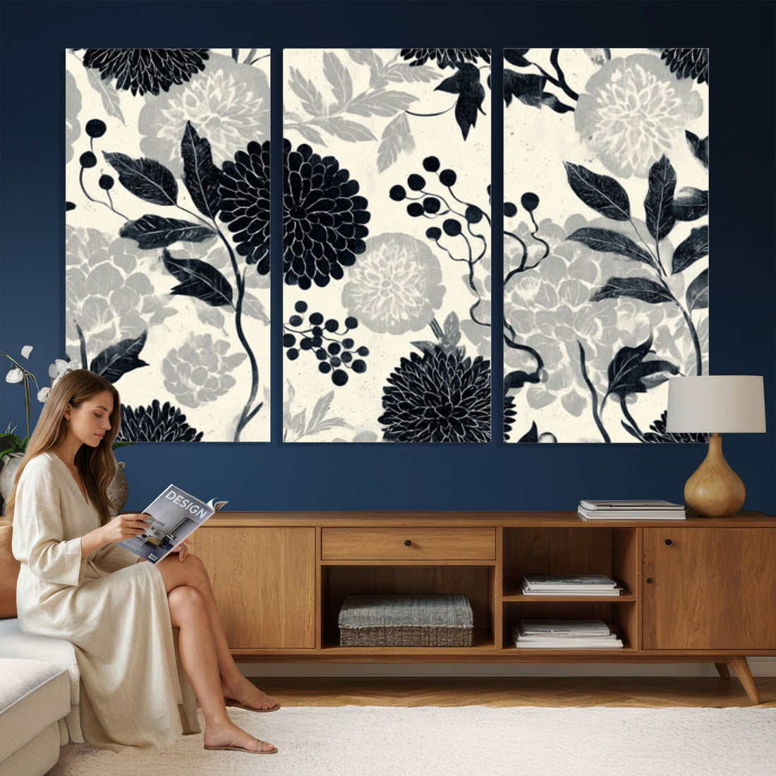 Vintage Black Chrysanthemum Wall Art Canvas Print, Monochrome Dahlia Floral Print