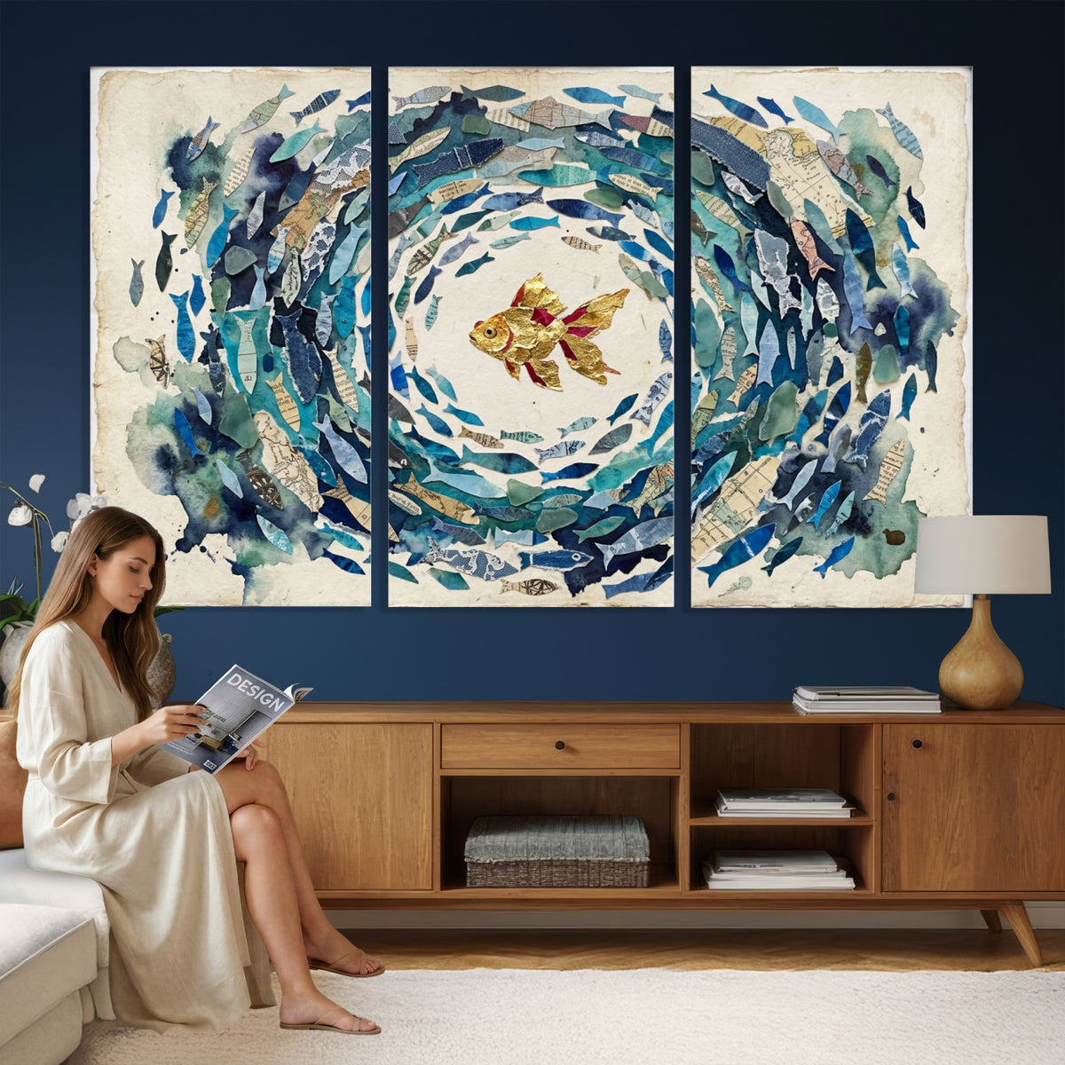 73165663-MGV-CV-36X24 - Mixed Media Blue Fish Swirl Canvas Wall Art, Goldfish Collage Ocean Print