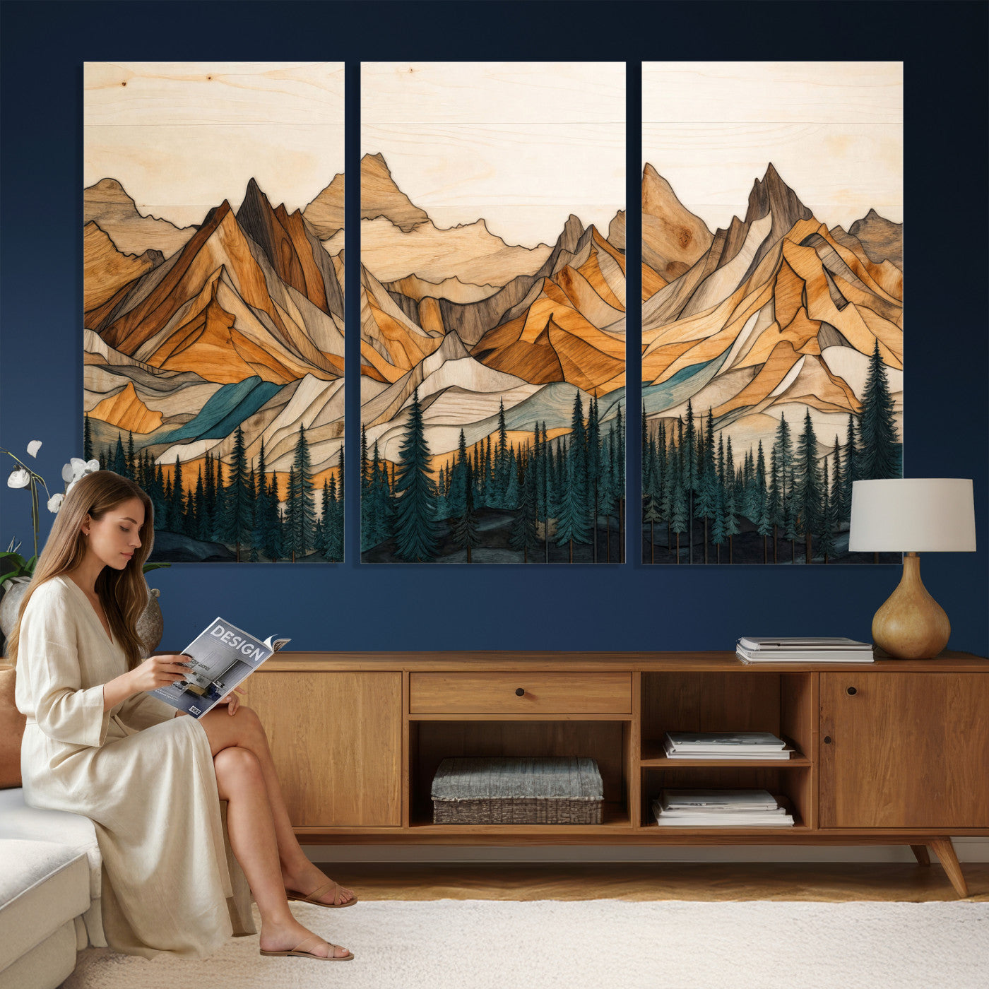57384313-MGV-CV-48X32-3P - Mountain Landscape Canvas Wall Art with Wood Grain Effect, Golden Peaks and Teal Pine Forest, Framed Cabin Decor