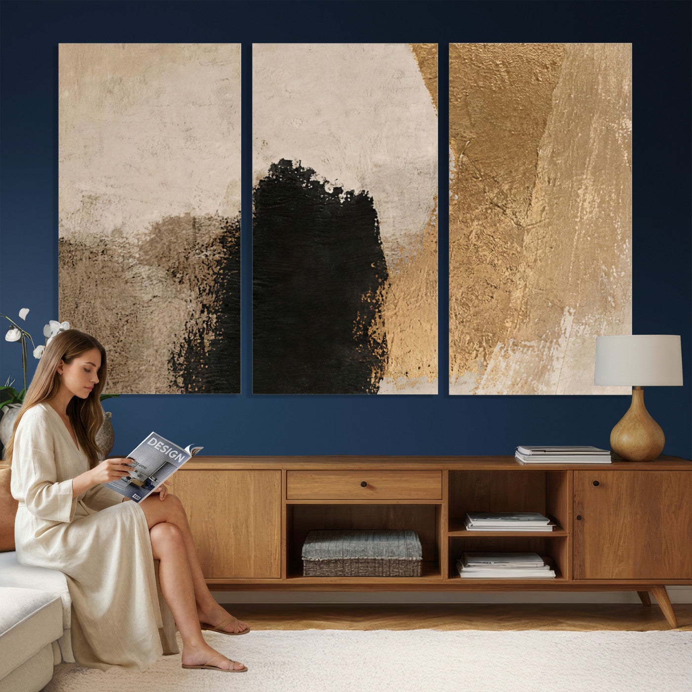 36003778-MGV-CV-48X32-3P - Mid Century Modern Geometric Canvas Wall Art, Abstract Triptych Print
