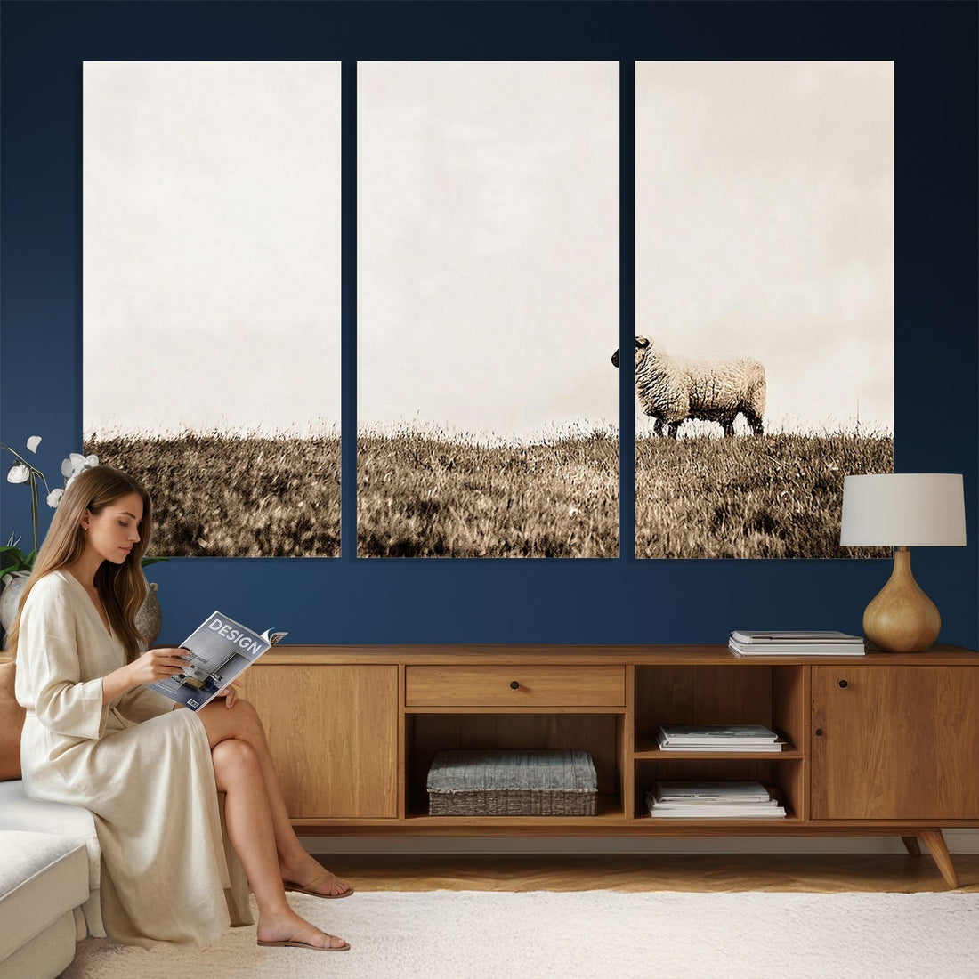 Minimalist Sepia Sheep Canvas Wall Art - Rustic Farmhouse Country Landscape Print