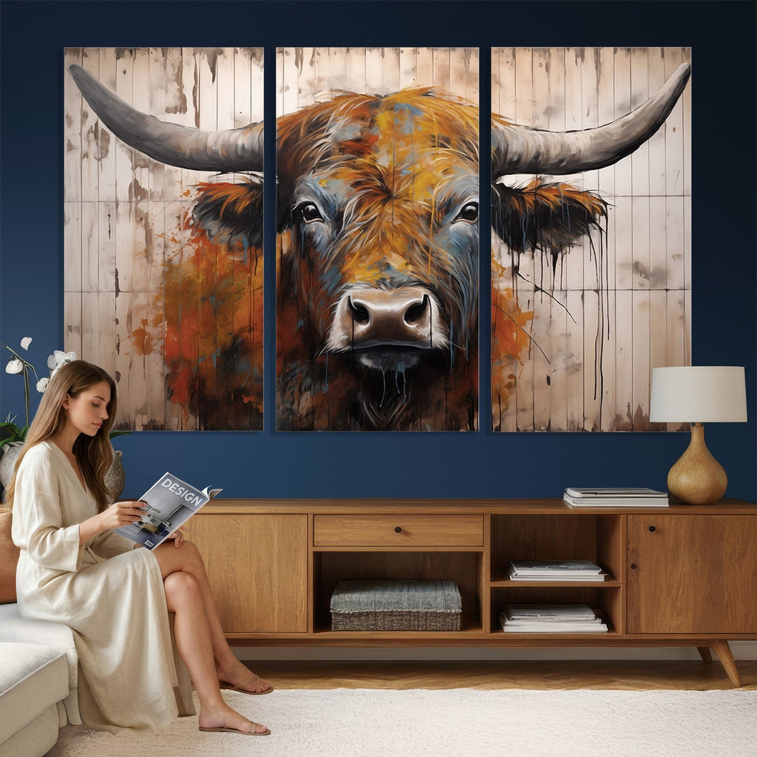 Abstract Bull Highland Cow Canvas Wall Art Print