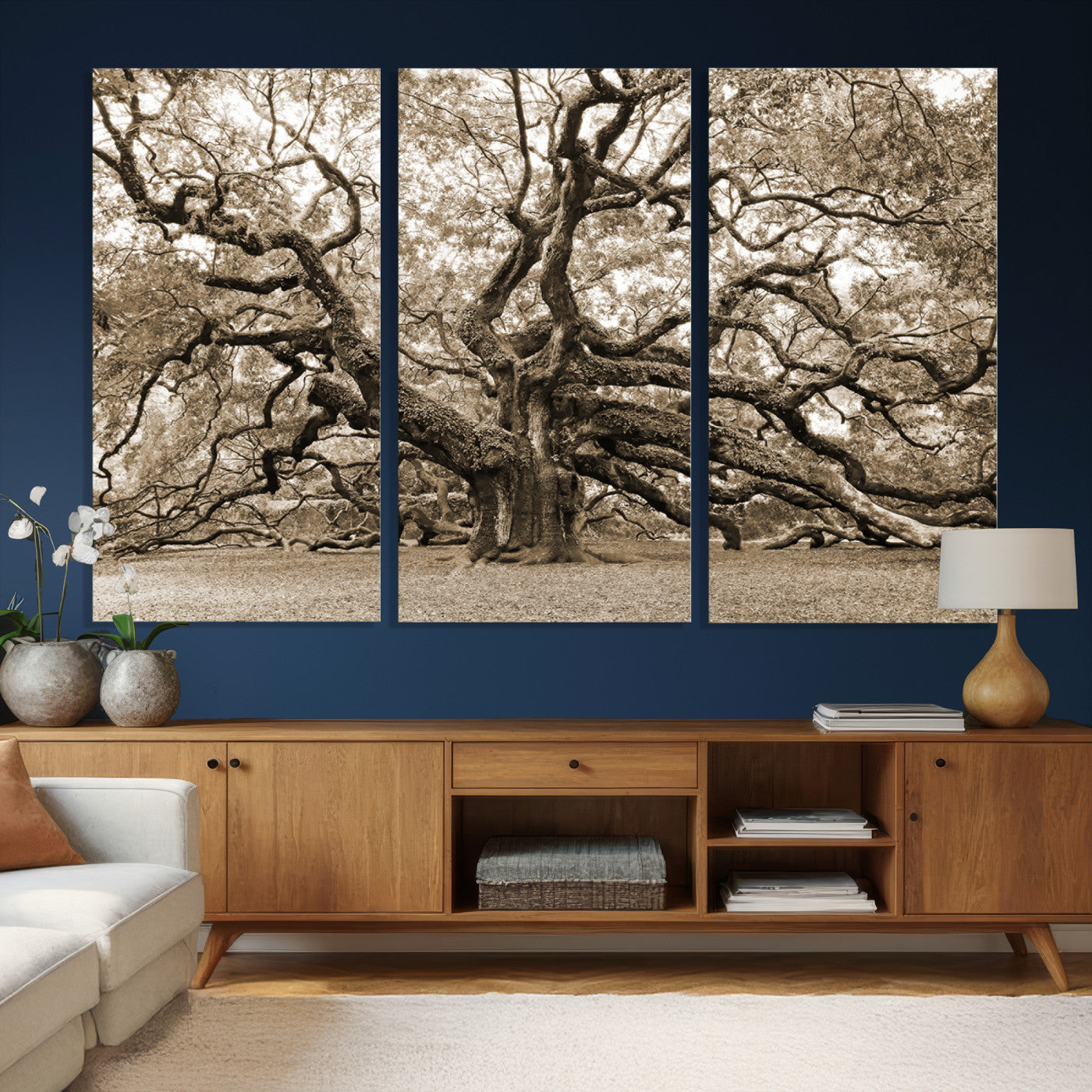 51126-MGV-CV-36X24 - Sepia Framed Angel Oak Tree Wall Art - 3-Panel Canvas Prints, Large Green Nature Artwork, Ready to