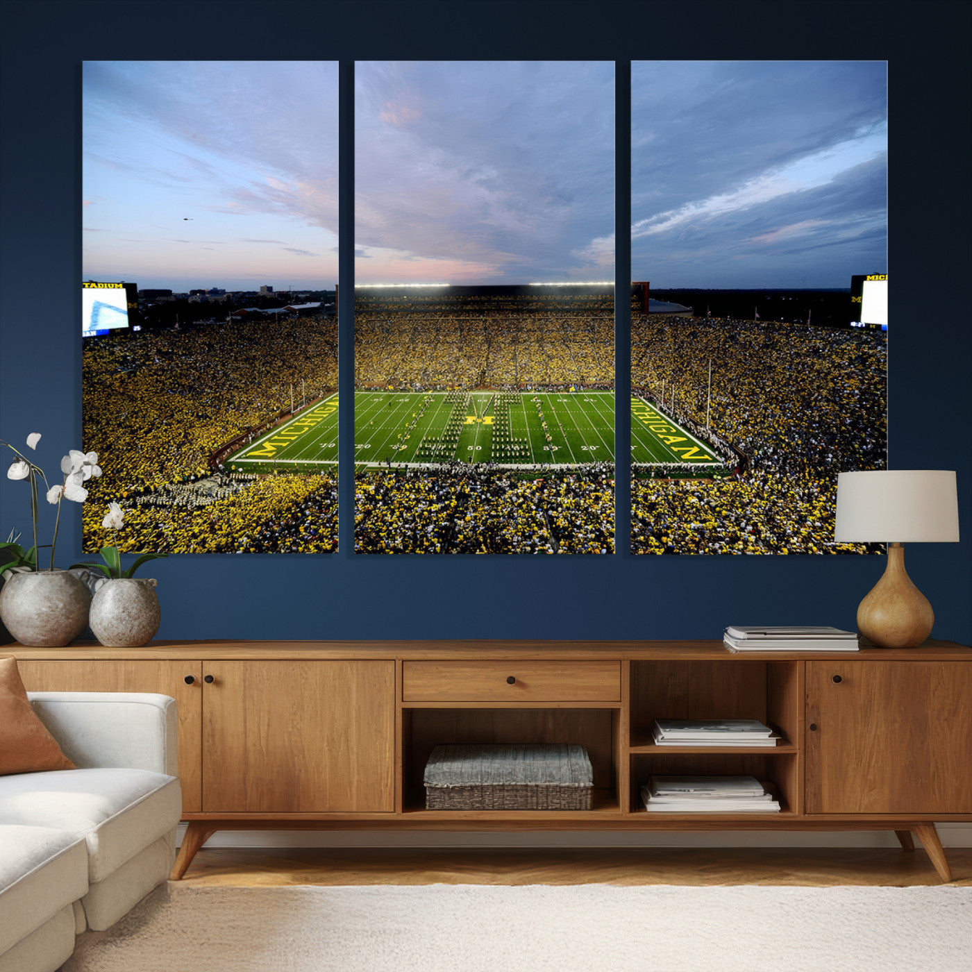 82641-MGV-CV-36X24 - Michigan Stadium Wall Art Canvas Print, Vibrant Game Day Crowd and Sunset Sky Football Field Artwork for Home, Office
