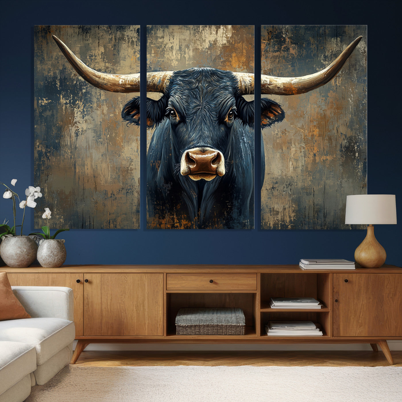 42026-MGV-CV-36X24 - Texas Western Wall Art Canvas Print - Abstract Cow Longhorn Bull Wall Art Canvas Print - Rustic Cow