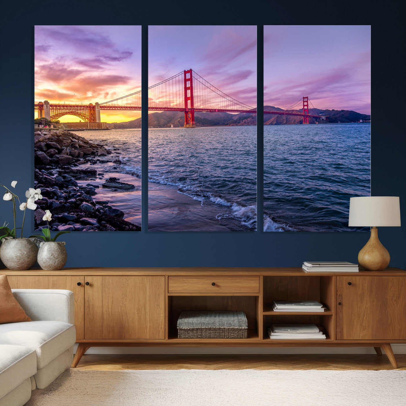 24256-MGV-CV-36X24 - Golden Gate Bridge Wall Art Print, San Francisco Sunset Canvas Wall Art, Cityscape Canvas Print for