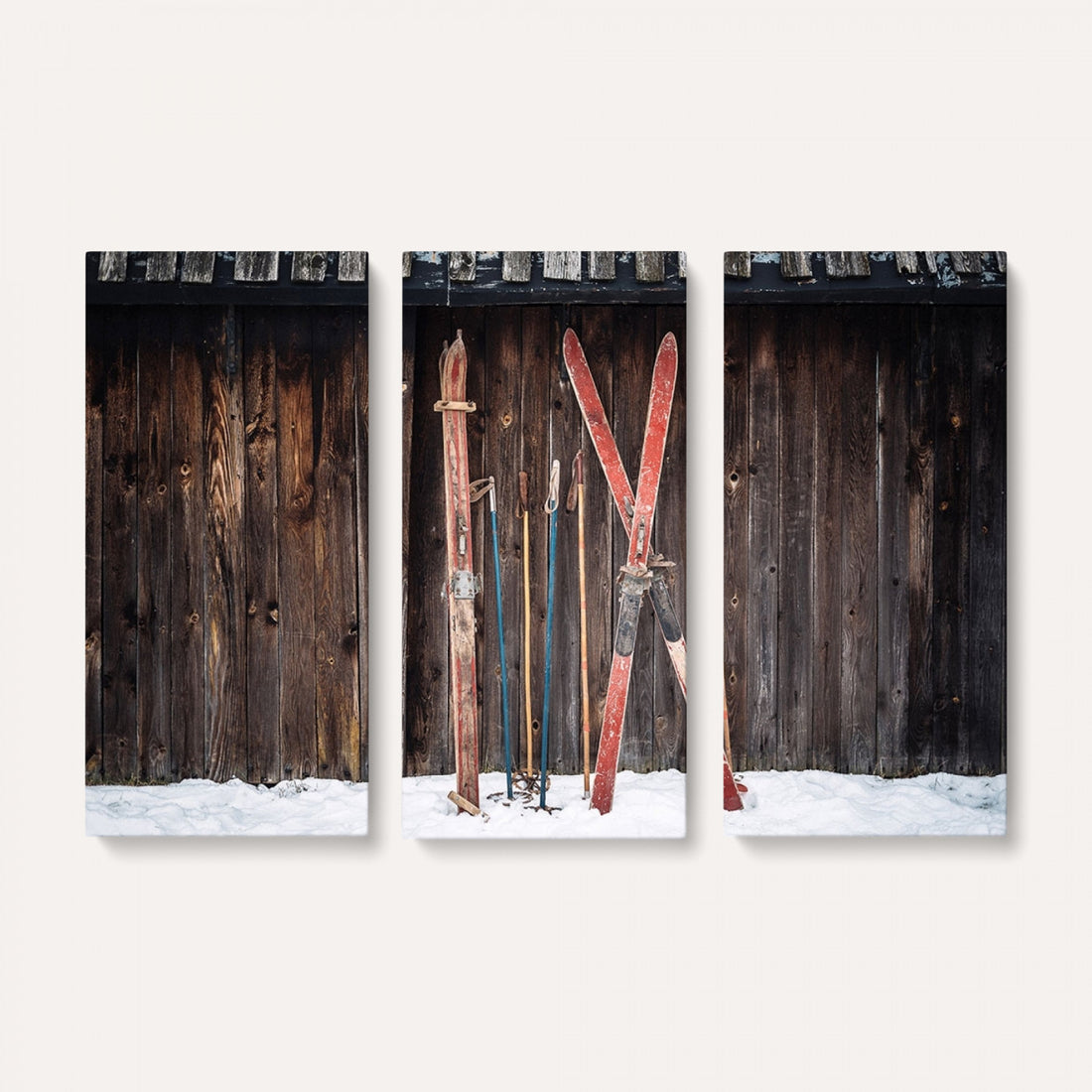 Vintage Ski Gear Canvas Print, Vintage Ski Gear Against Wooden Cabin Wall