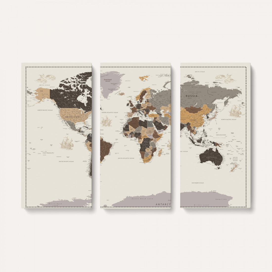 Custom Beige Modern Push Pin World Map Canvas Print, Places Visited Tracker, Bedroom and Study Decor