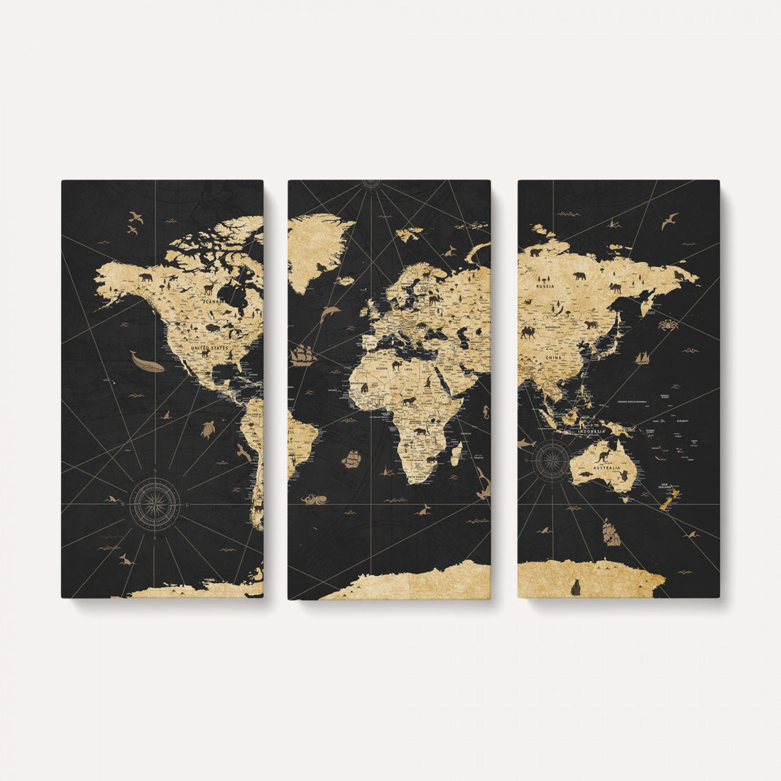 Vintage Blue and Brown World Map Canvas Wall Art | Framed Rustic Map Print