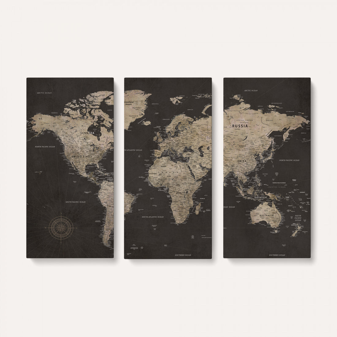 World Map Canvas Wall Art, Dark Charcoal and Antique Tan Detailed Map