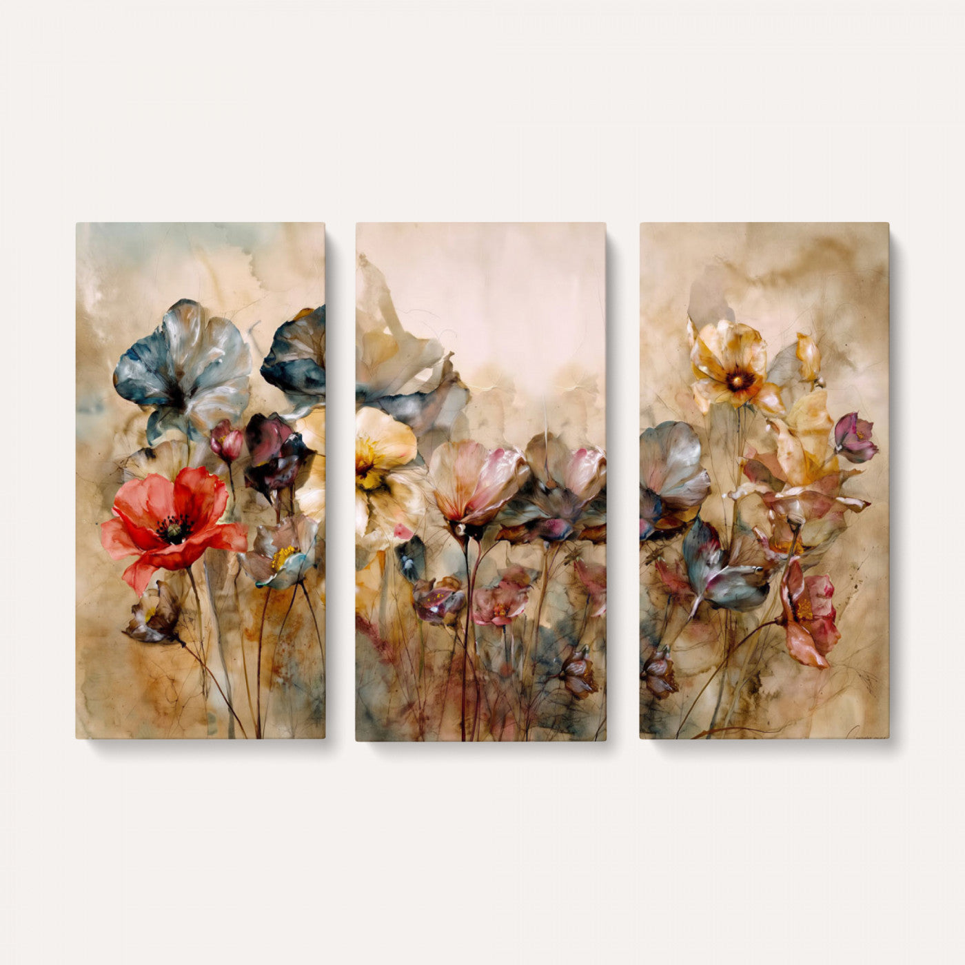 11407233-MGV-CV-36X24 - Vintage Dried Floral Meadow Wall Art Canvas Print, Translucent Watercolor Flowers Painting Print